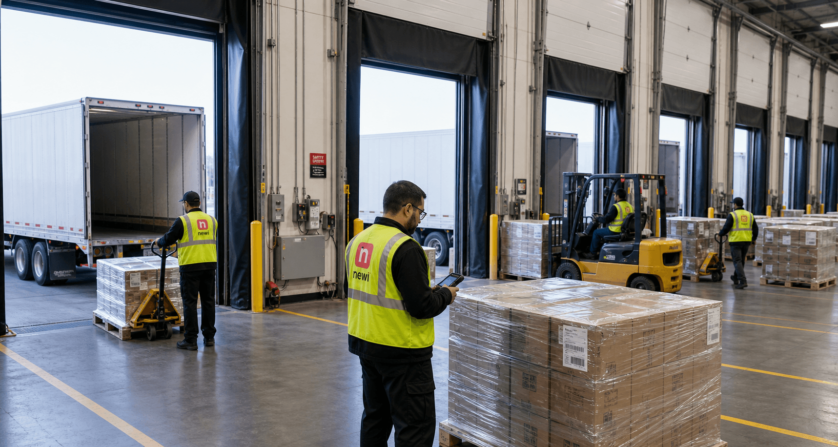 Warehouse dock team scanning and staging pallets between inbound and outbound trailers for cross-docking and transloading