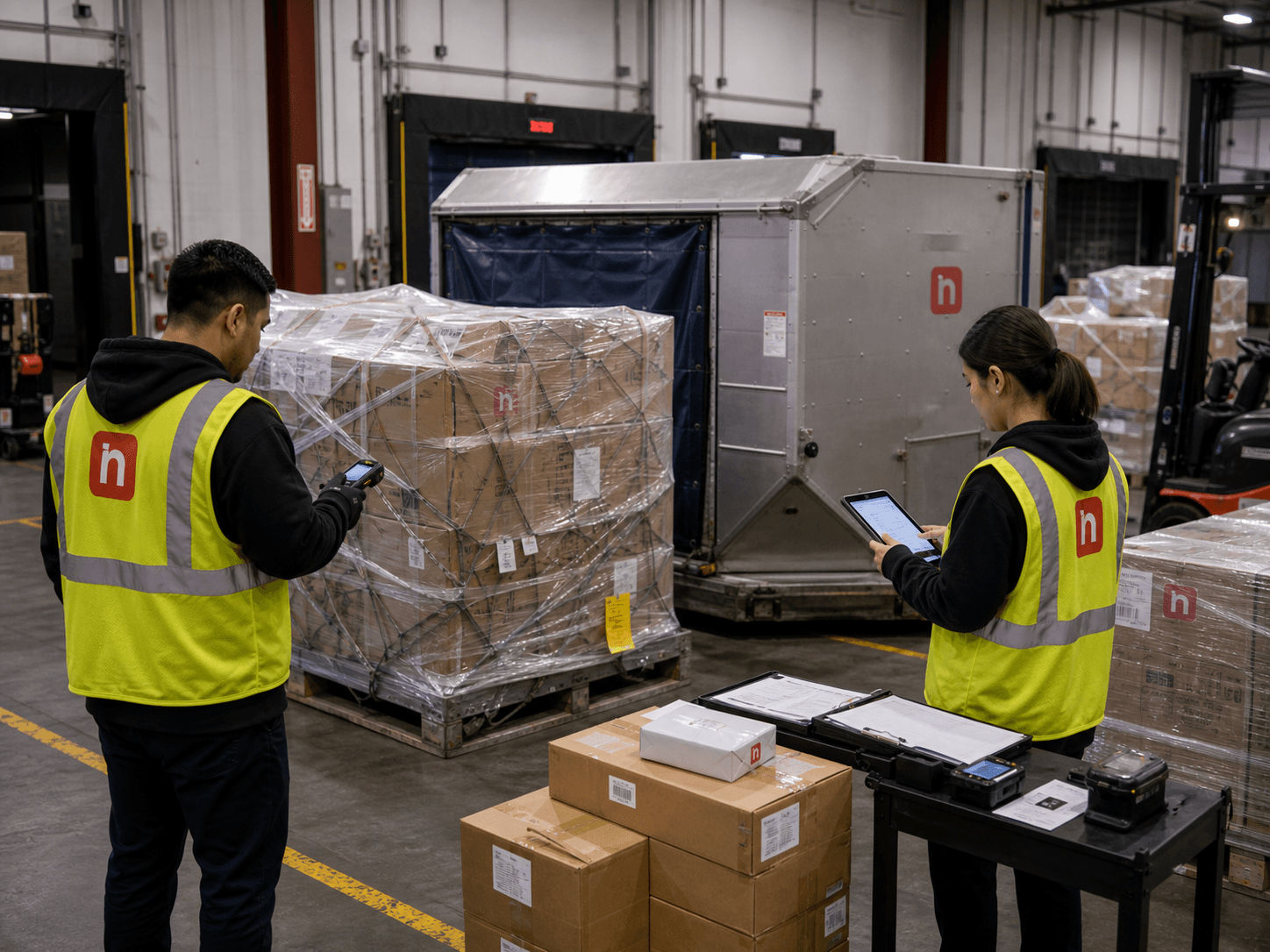 Warehouse team checking air freight cargo pallets and urgent shipments