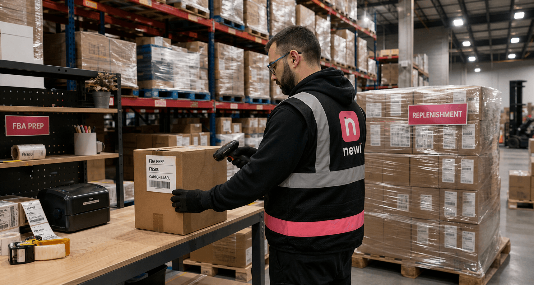 Warehouse associate scanning and labeling cartons for Amazon FBA prep and replenishment