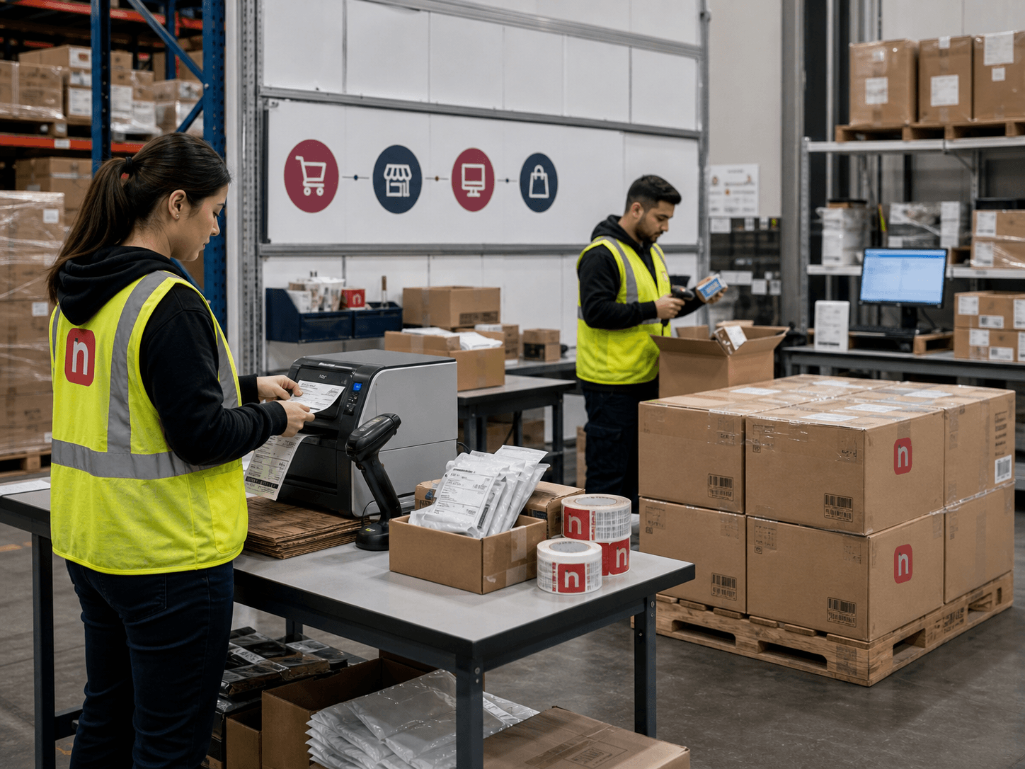 Newl warehouse team printing ecommerce labels and preparing marketplace orders