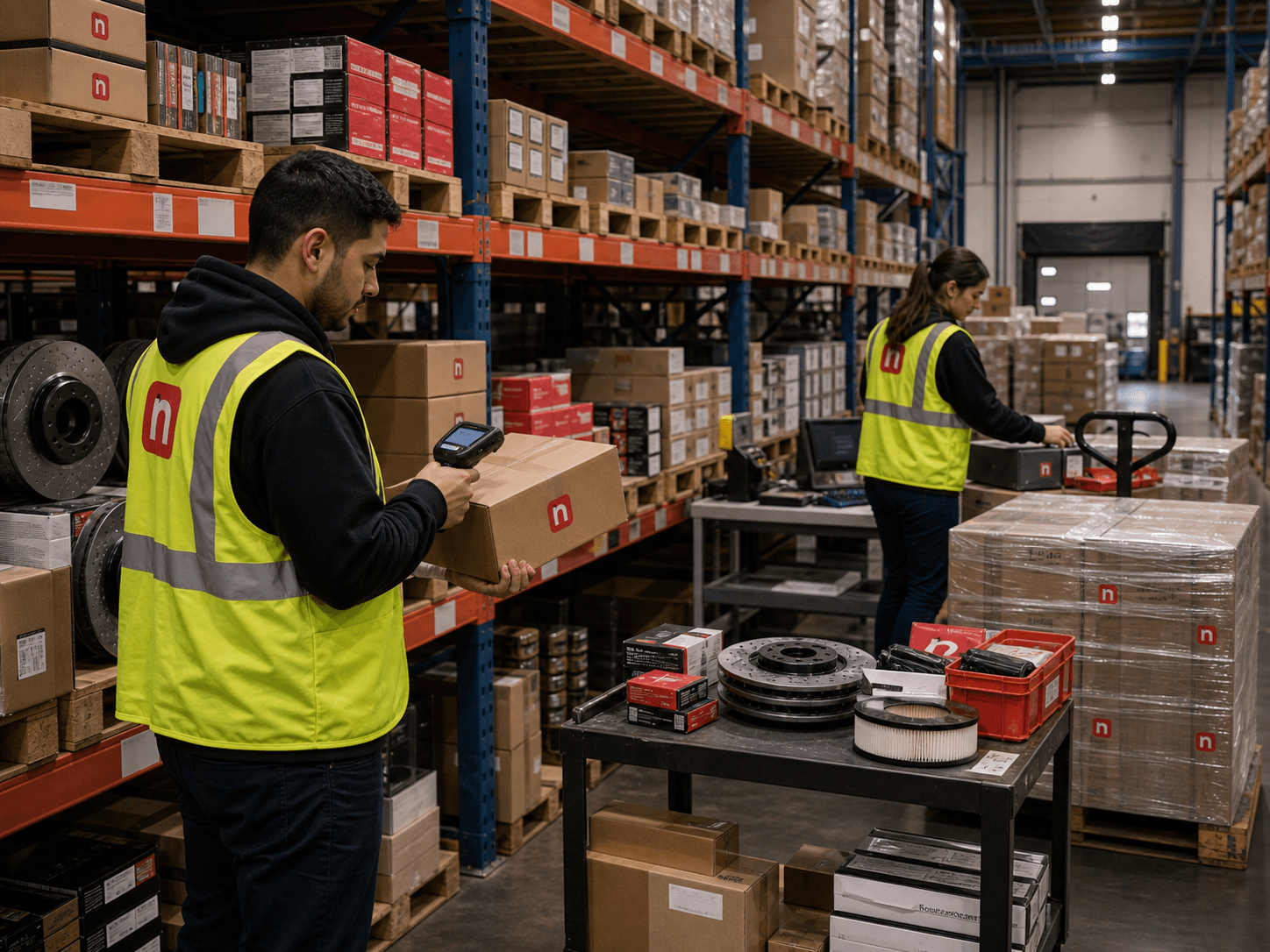 Warehouse team scanning and staging automotive parts inventory for distribution