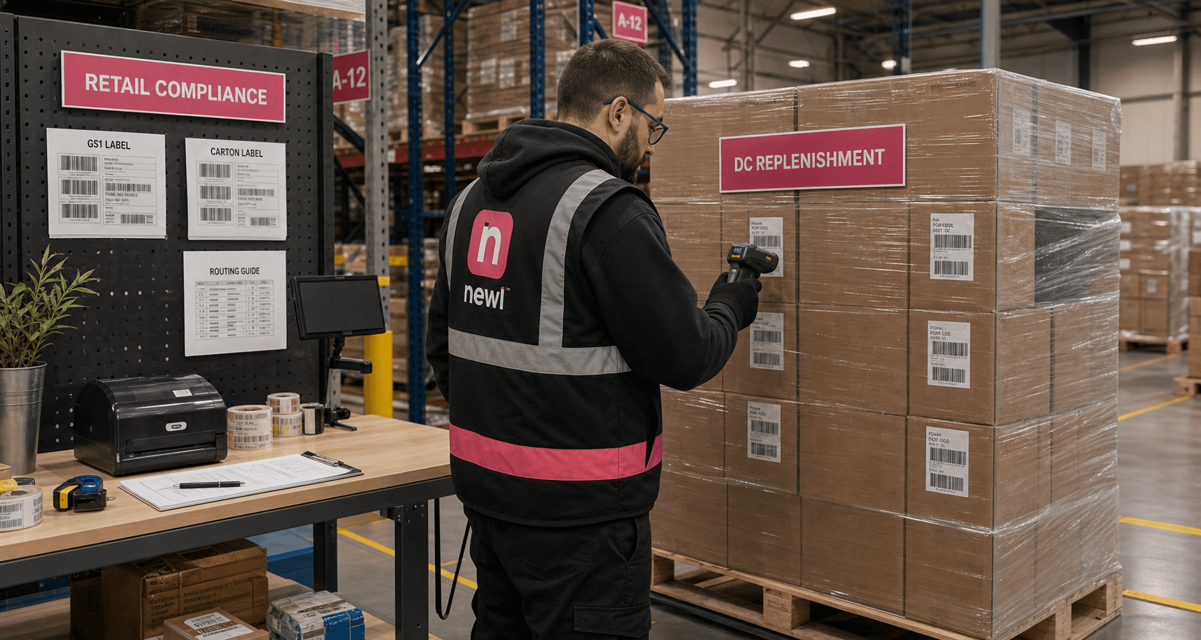 Warehouse associate scanning retail compliance labels on cartons staged for B2B pallet replenishment