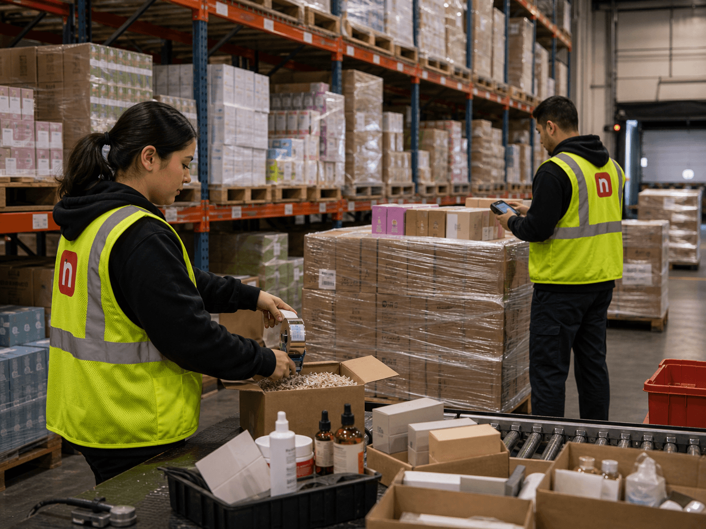Newl warehouse team labeling consumer goods pallets for retail and ecommerce fulfillment