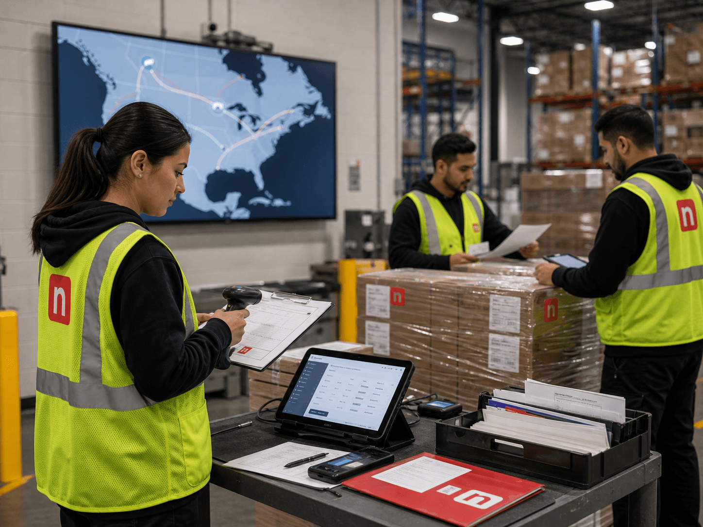 Warehouse team preparing palletized freight for Canada-U.S. cross-border logistics