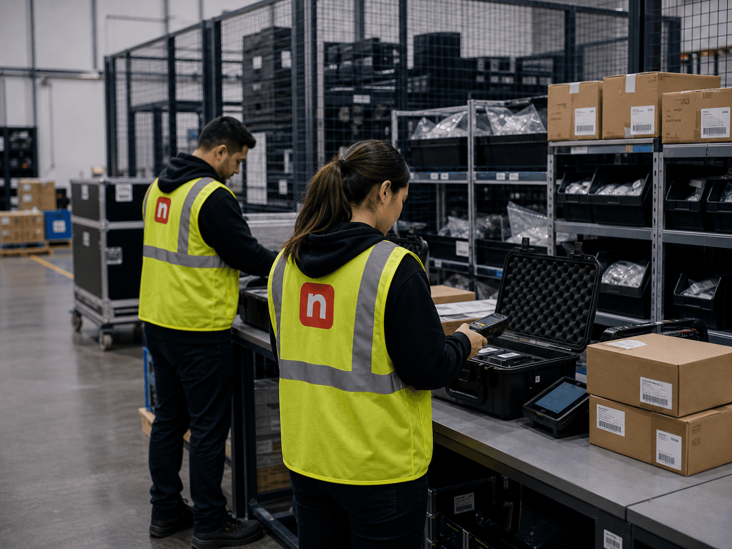 Newl warehouse team scanning and packing high-value electronics in secure storage