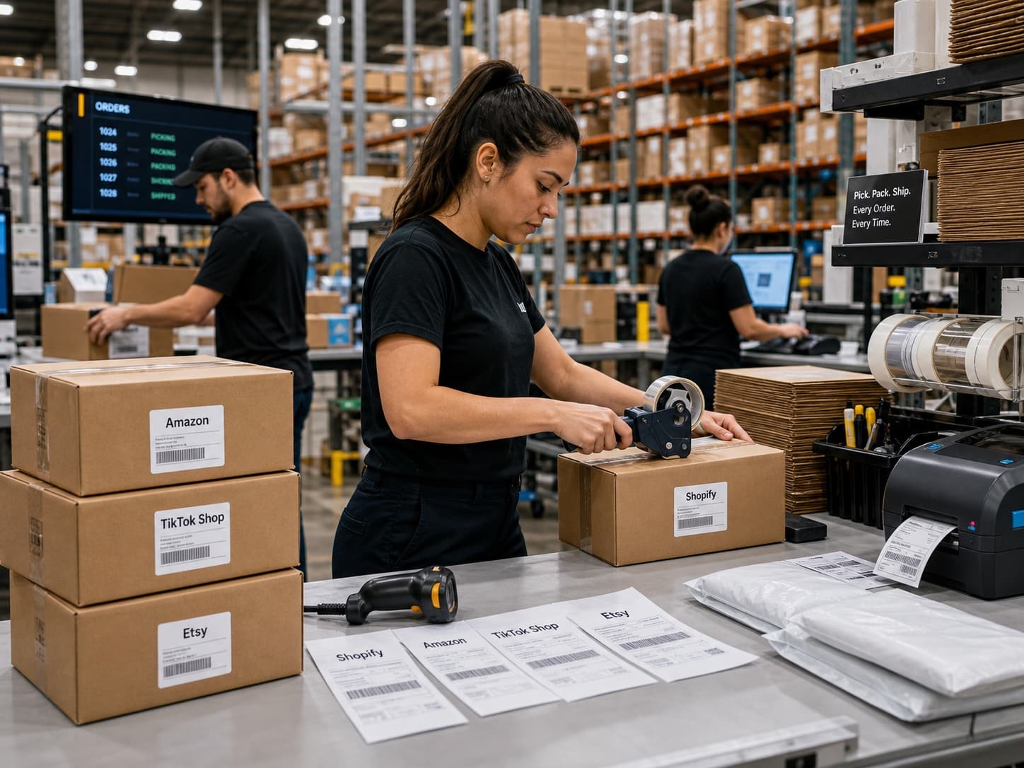 Fulfillment station with packed ecommerce orders for Shopify, Amazon, TikTok Shop, and Etsy channels