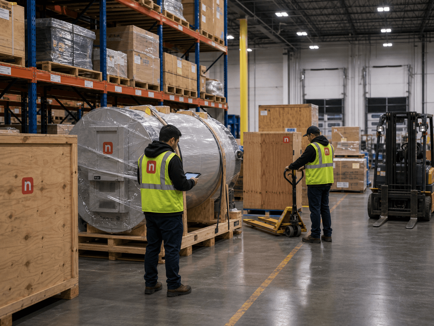 Newl warehouse team inspecting oversized industrial crates and palletized equipment