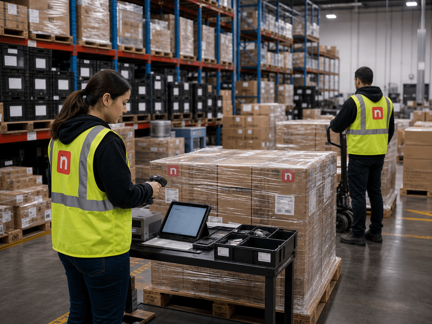 Newl warehouse team scanning finished goods pallets for manufacturing distribution