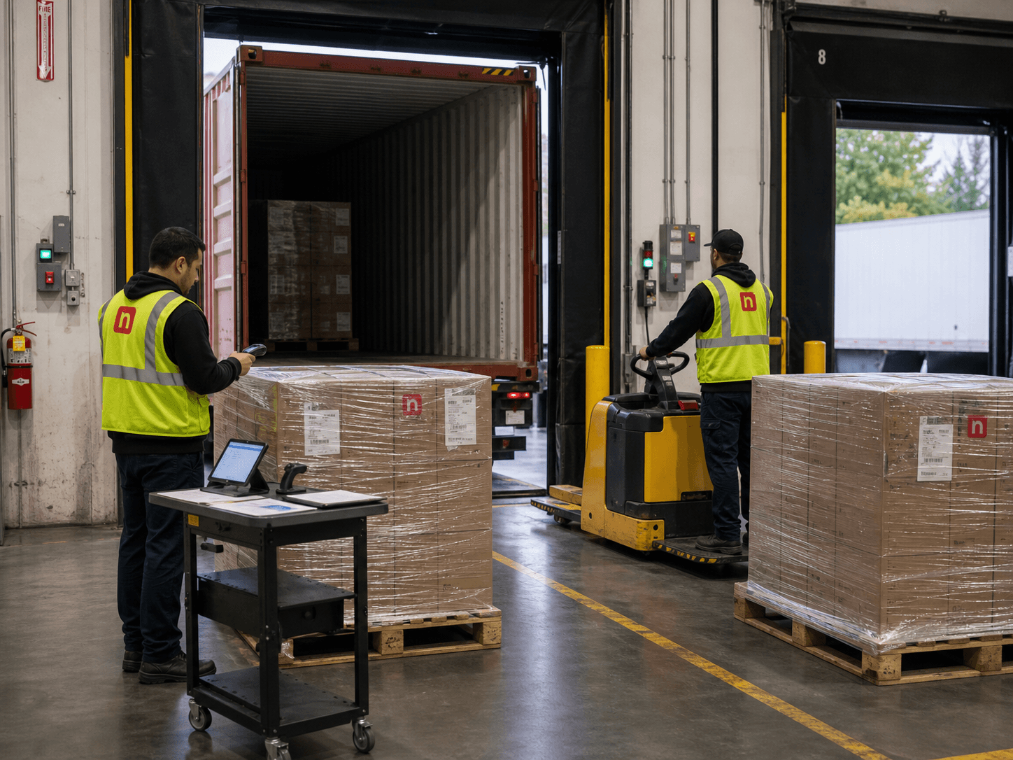 Warehouse team receiving palletized freight from an ocean container