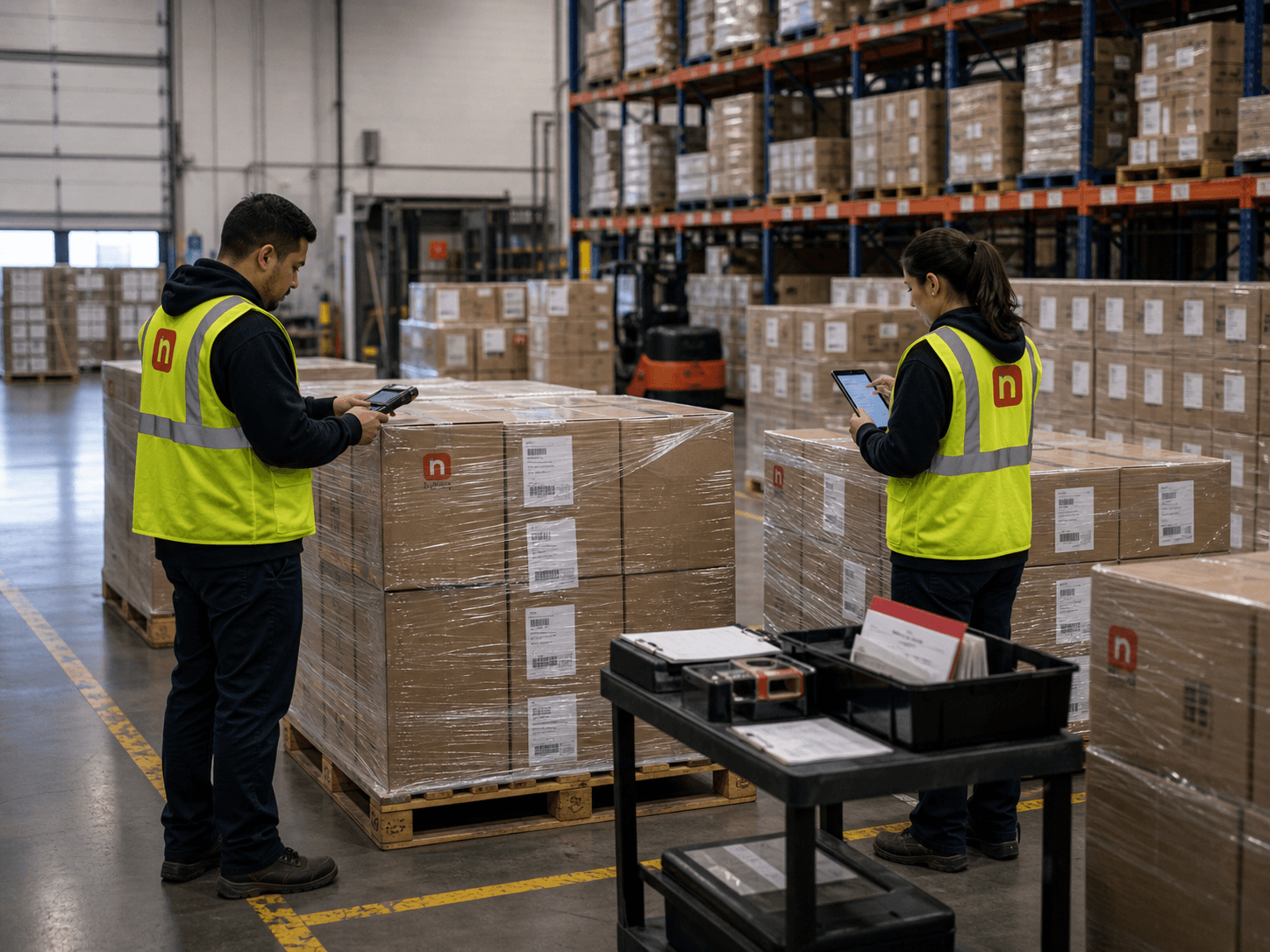 Newl warehouse team scanning palletized retail orders for routing compliance