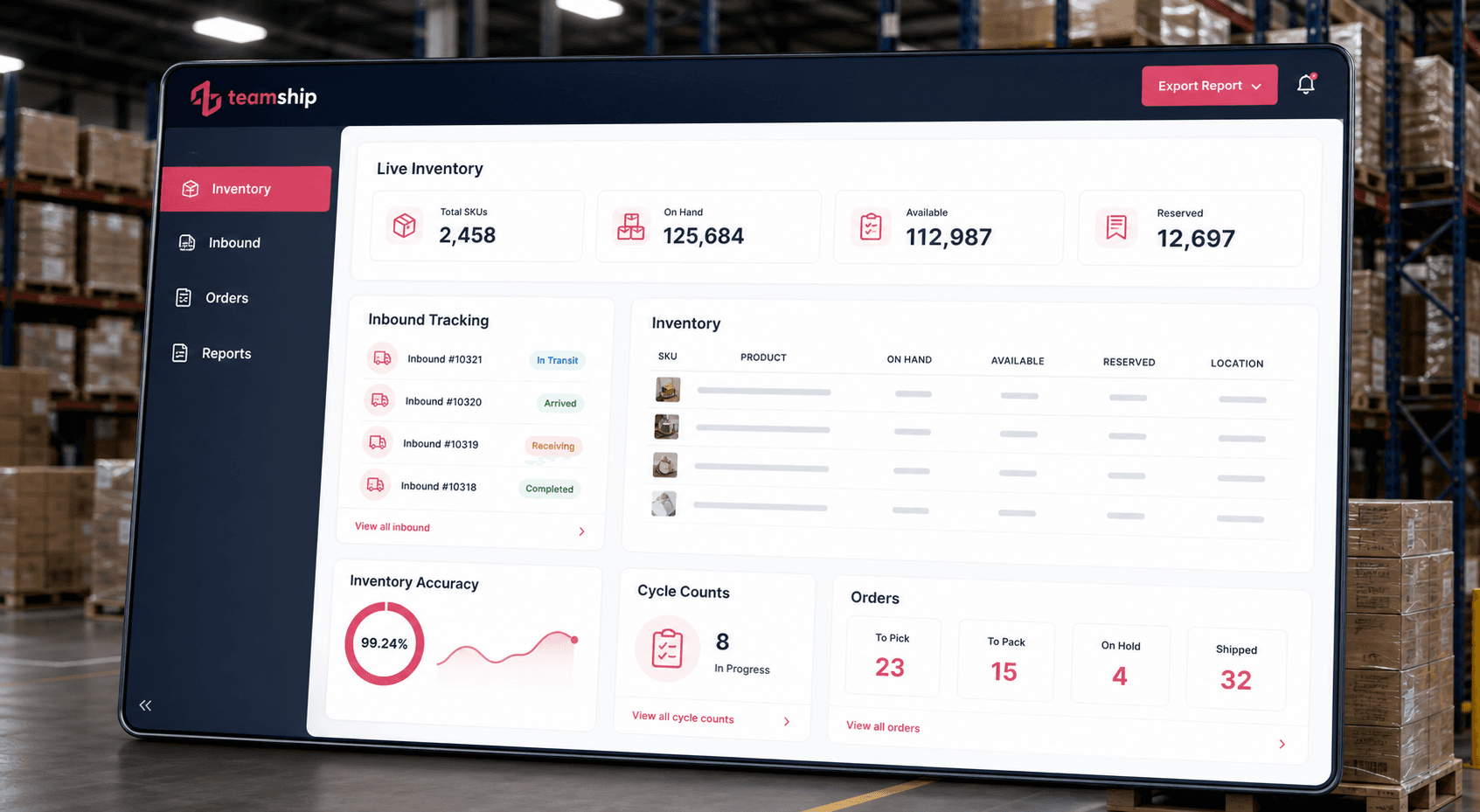 Polished Teamship WMS dashboard visual showing inventory accuracy, live inventory, inbound tracking, orders, and reporting