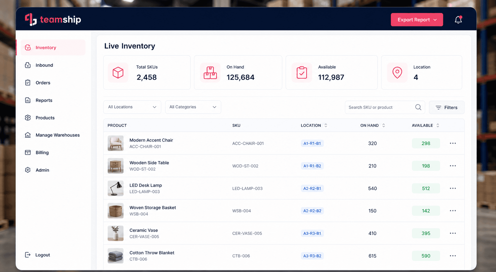 Polished Teamship live inventory dashboard showing SKU availability and warehouse locations