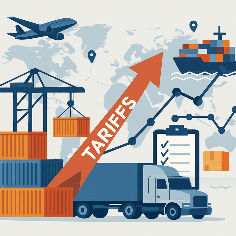 Global supply chain impacted by tariffs with shipping containers and logistics elements.